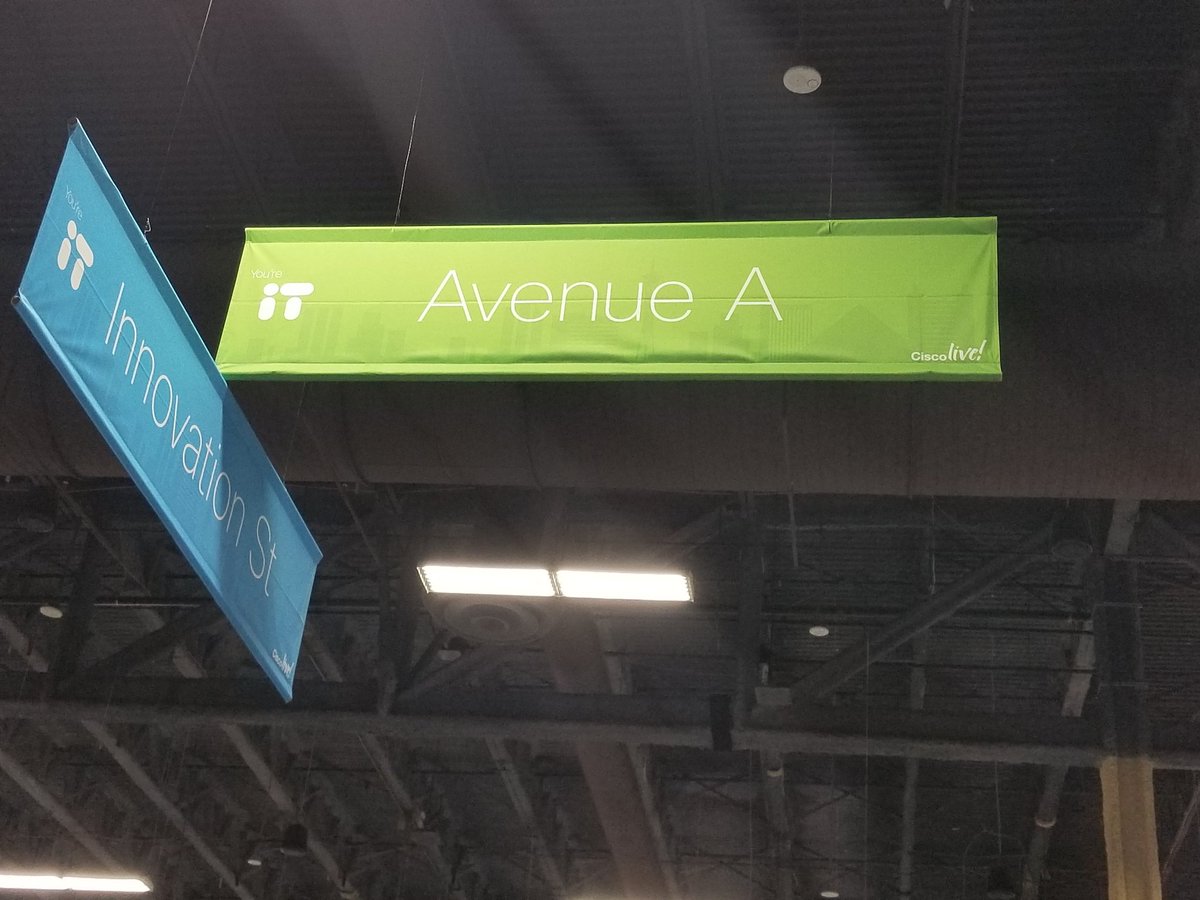MikeRMackay's tweet photo. At the corner of Avenue A and Innovation St we have the DevNet Zone. Day 2, starting too come together. #CLUS17 #CLUS #DevNet https://t.co/2SICPzz3sx