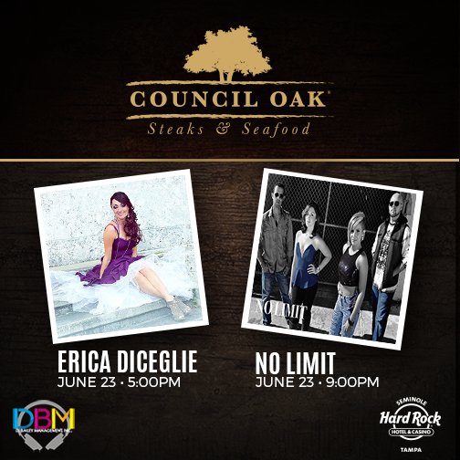 Catch <a href="/edicegliemusic/">Erica DiCeglie</a> followed by No Limit tonight at #CouncilOak inside <a href="/SHRTampa/">Seminole Hard Rock Tampa</a>! #HardRockTampa