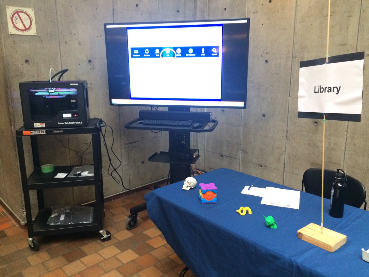UTSCLibrary's tweet photo. We're here at #utscgetstarted - drop by and visit the Meeting Place and check out our @makerbot #3Dprinter in action! #UTSC https://t.co/274omwnW1q