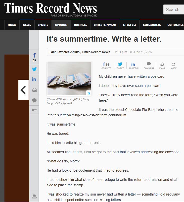 365letters's tweet photo. Enjoyed this column about letter writing in the Wichita Falls Times Record News: https://t.co/X2ySYC9xrR @timesrecordnews https://t.co/2AUGtA0WPU