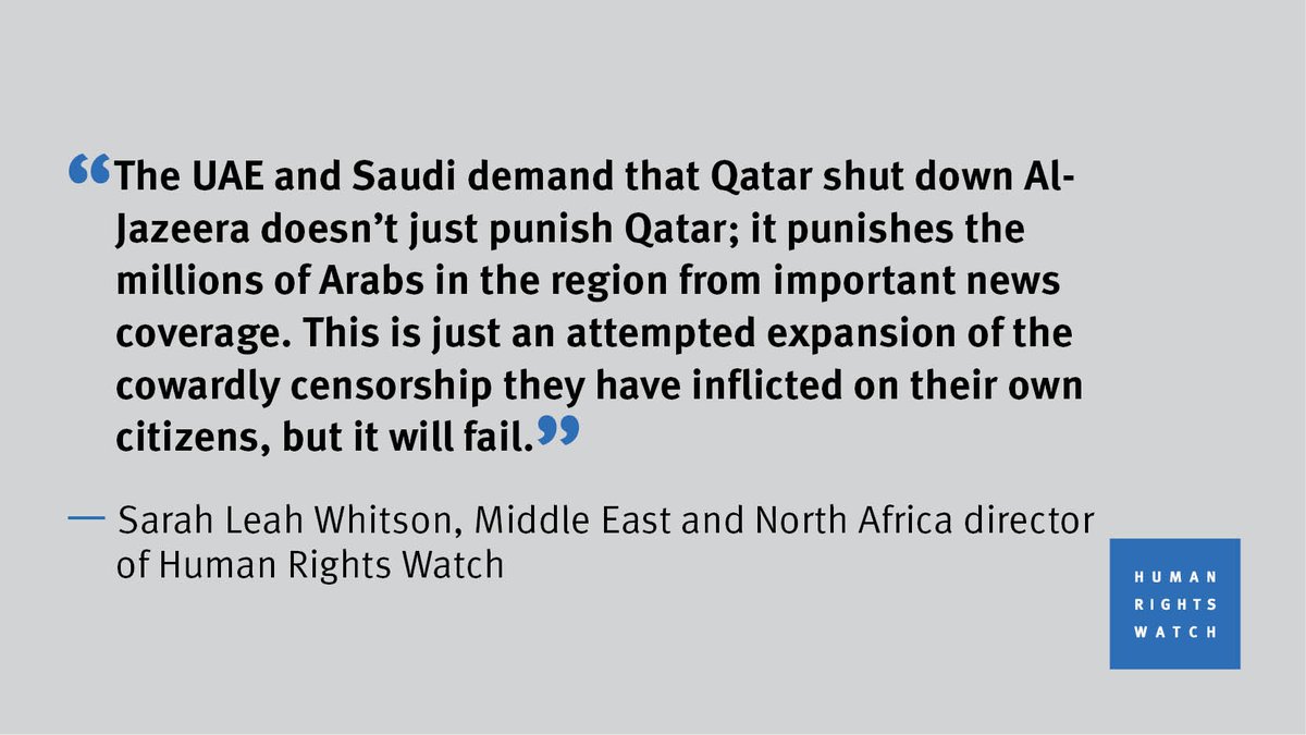 .@HRW on absurd demand to close <a href="/AJArabic/">قناة الجزيرة</a>