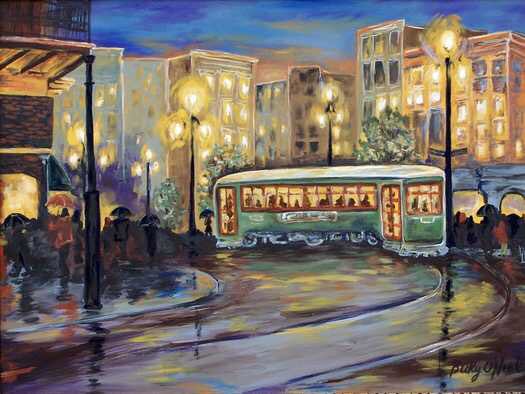 BeckyAONeal's tweet image. New Orleans #Streetcar 30"x40"  #luminouslight #abstracted reflections onto wet streets of #NewOrleans #City dwellers stroll with umbrellas