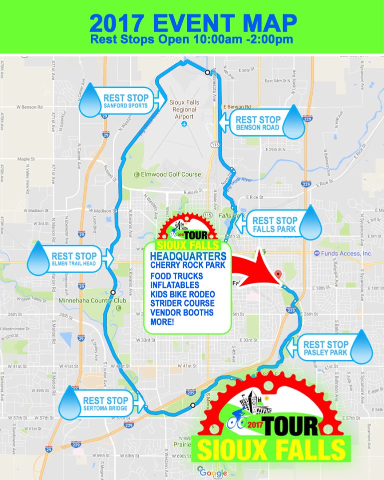Here's the rest stop map for Tour Sioux Falls on Saturday. Rest stops open 10 a.m. - 2 p.m. Get your bikes out!