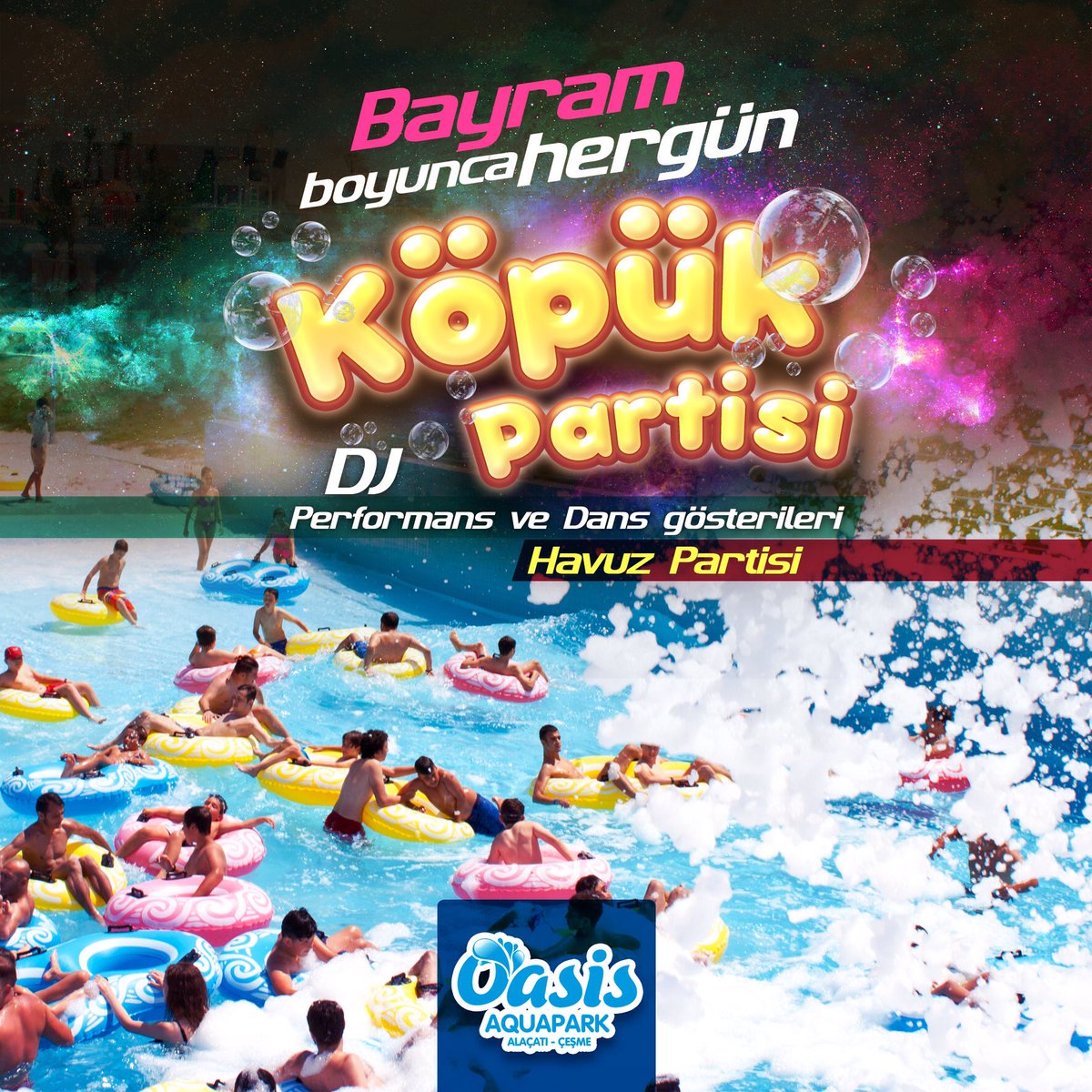 Bayram boyunca her gün saat 14:00'de Köpük Partisi, DJ Performans, Dans Gösterileri, 15:30'da eğlence dalga havuzunda devam edecek.