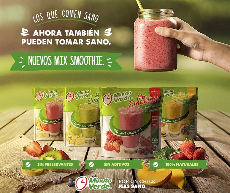 minuto_verde's tweet photo. Te tenemos una gran noticia: Los que comen sano ¡ahora también pueden tomar sano! con nuestros nuevos #MixSmoothiesMinutoVerde https://t.co/p7kx78DLGq