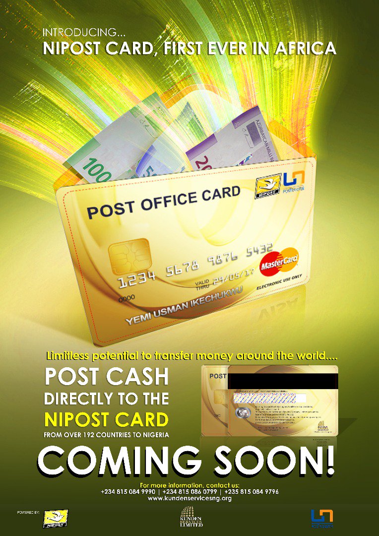 kundenServices's tweet photo. Money Transfer made easy with the NEW NIPOST CARD....Coming soon
#Kundenservices #transfers #money #ProudlyNigeria https://t.co/nMc8c9B8tc