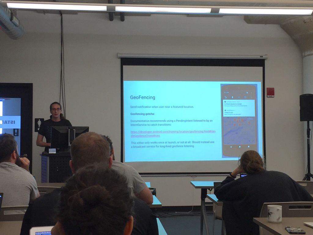 Element84's tweet photo. Today at our Technical Staff Meeting: @Banderkat talks about @Firebase, @googledevs #GoogleIO17, and using #GeoFencing in an #Android app https://t.co/7UXYDDyYlz