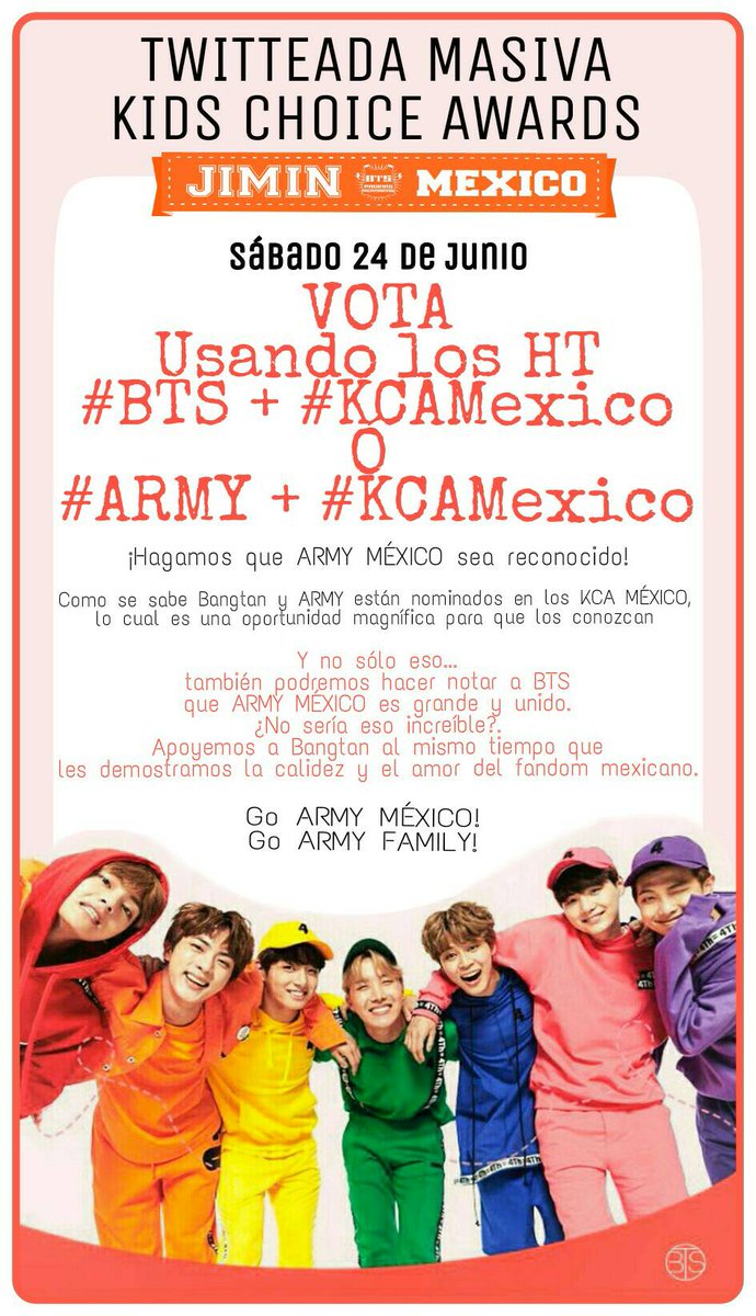 Jimin_Mexico's tweet photo. ⚠TWITEADA MASIVA KIDS CHOICE AWARDS⚠
Les recordamos nuestra cita el Sábado 24
Unanse todos!, Corran la voz!
#Army #KCAMexico #BTS

JPao🌹 https://t.co/H1xvevtTtN