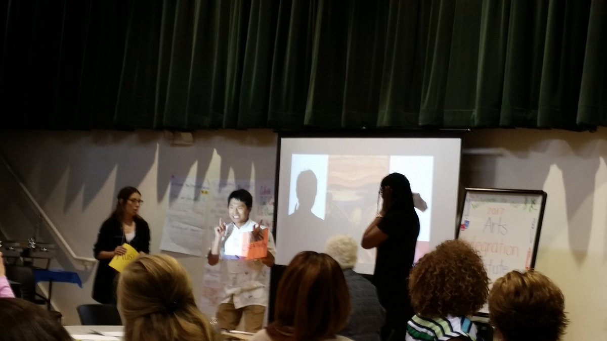 PoeMagnetES's tweet photo. Ms. Moreno, Mr. Yang, and Ms. Bartley share what they learned at @UnitedArtsCounc #artsintegrationinstitute! #PoePandaPower #artsmatter https://t.co/9Vn6jBDvOr