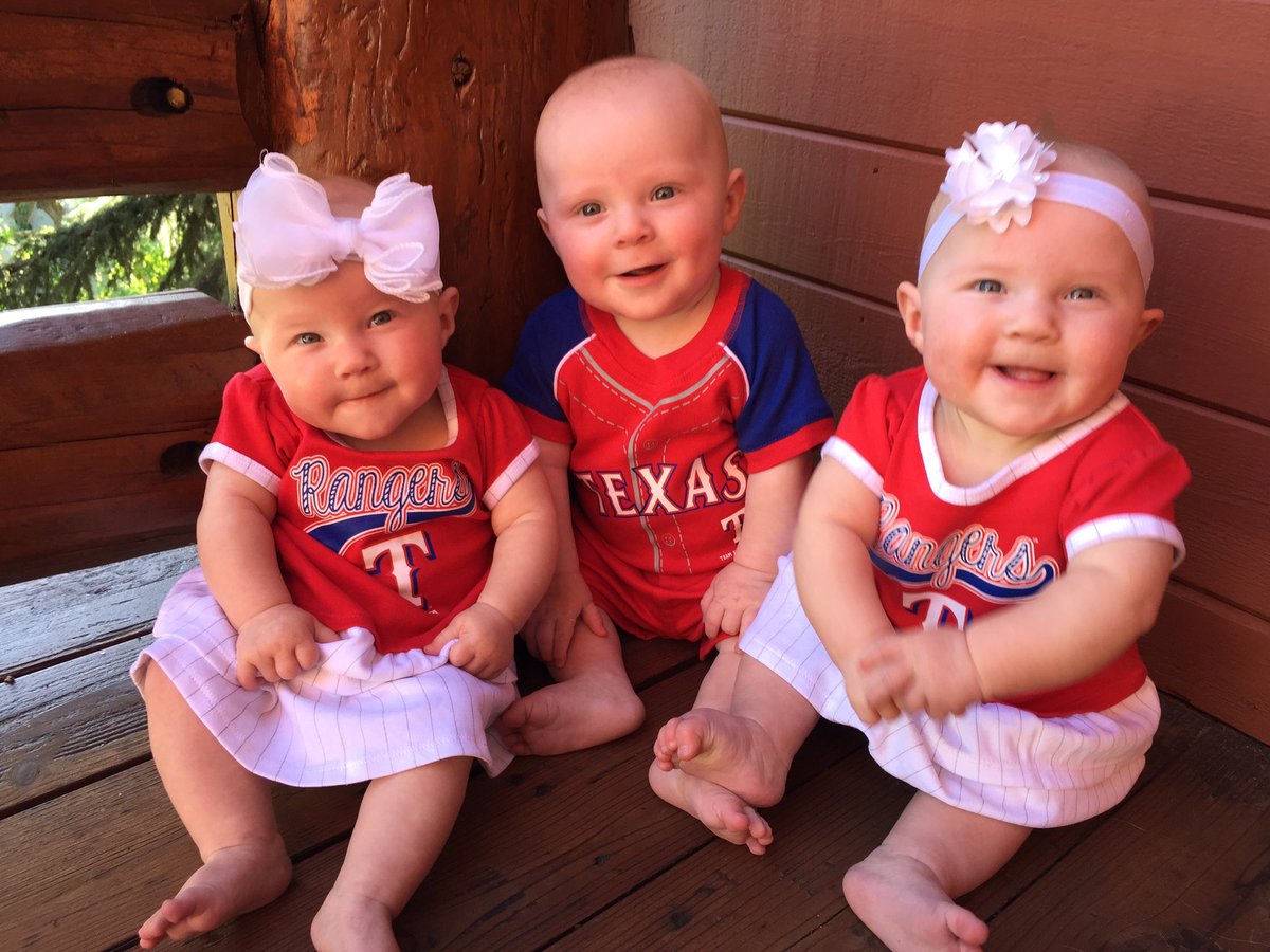 meldray's tweet photo. @RealCarlosGomez The Maxwell Triplets love their Texas Rangers ❤️💙❤️ https://t.co/9tgISy3XIo