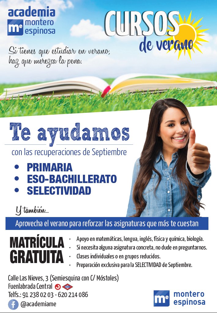 ameFuenlaCentro's tweet photo. Este verano estudia con nosotros. Podemos ayudarte con lo que más te cuesta y que así aprobar sea mucho más fácil. Consúltanos 91 238 02 03. https://t.co/jE7LnToyWb