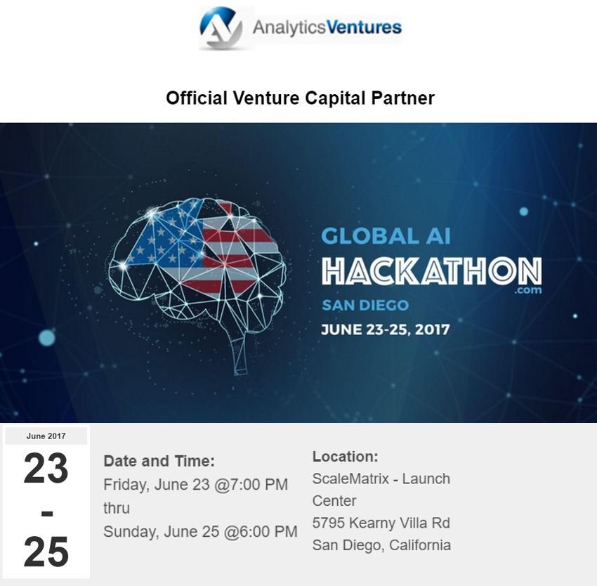 AnalyticsTown's tweet image. Proud 2B official Venture Capital partner 4 the 1st Global AI Hackathon in San Diego. #AIhackathon #AISandiego #socaltech - Come &amp;amp; join us