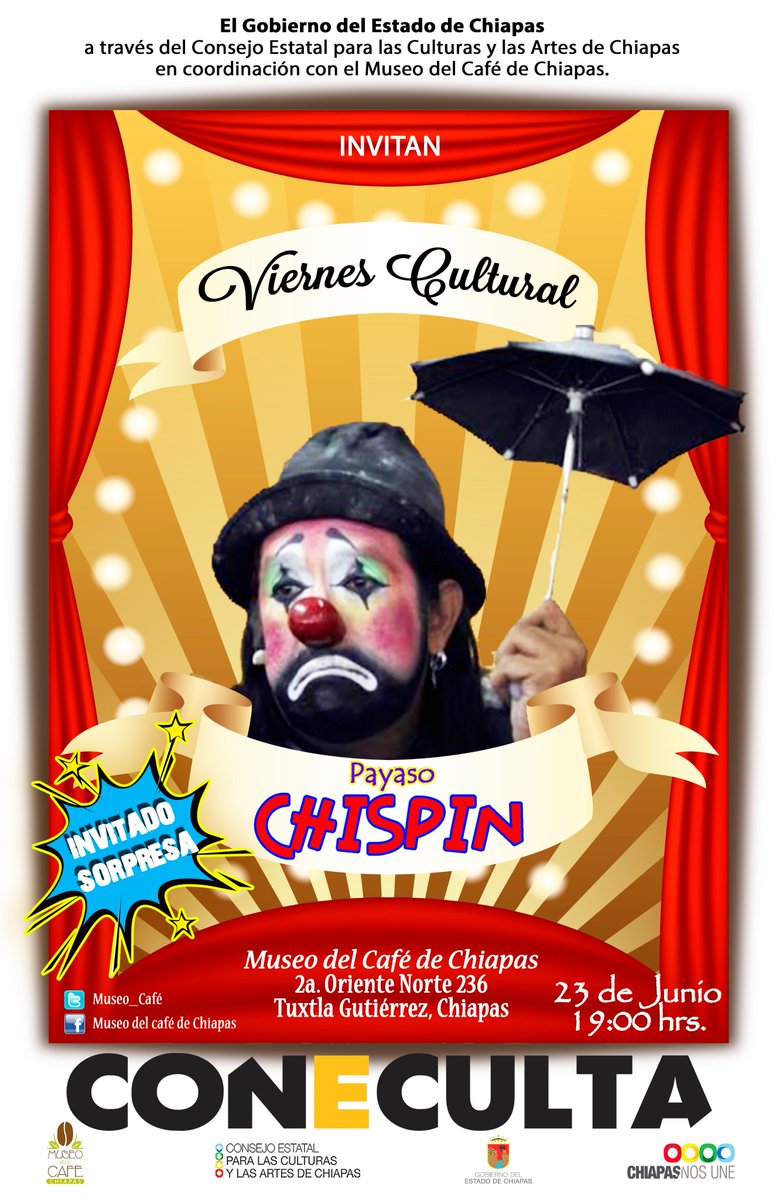 Museo_Cafe's tweet photo. Para este #VIernesCultural tendremos a #Chispin quien nos contagiara de alegría para tener un #FelizFinde
Te esperamos a las 19 hrs https://t.co/MKqpt6EpgQ