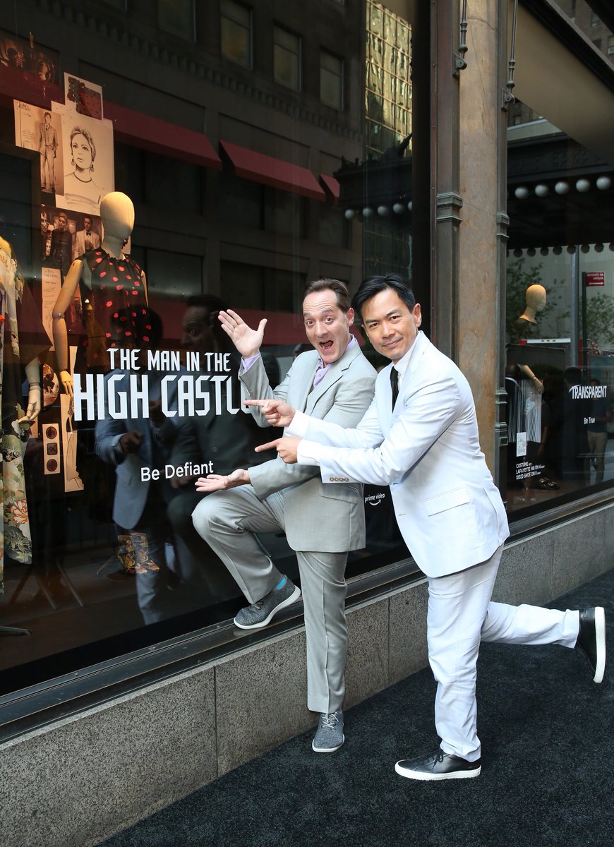 HighCastleTV's tweet photo. #HighCastle’s @joeldelafuente and @thebrennanbrown unveil the new @Saks’ NYC store windows inspired by the show. #ConsiderAmazon https://t.co/pkTquRUY8N