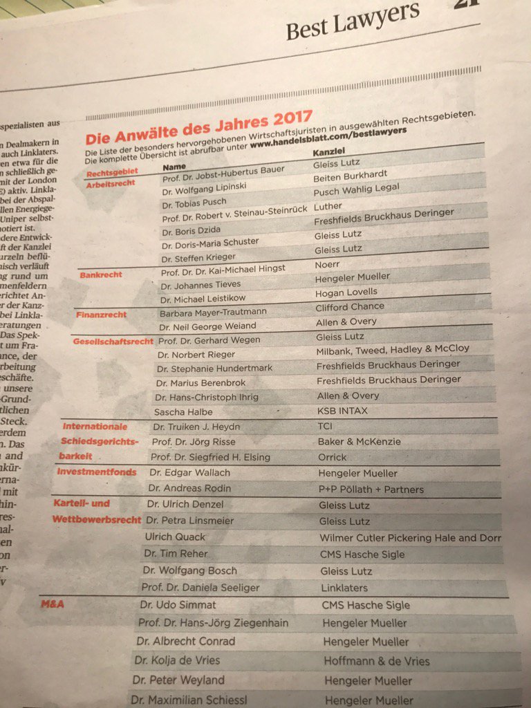 Anwalt des Jahres 2017 Internationale Schiedsgerichtsbarkeit, Handelsblatt v. 23. Juni 2017, Seite 21