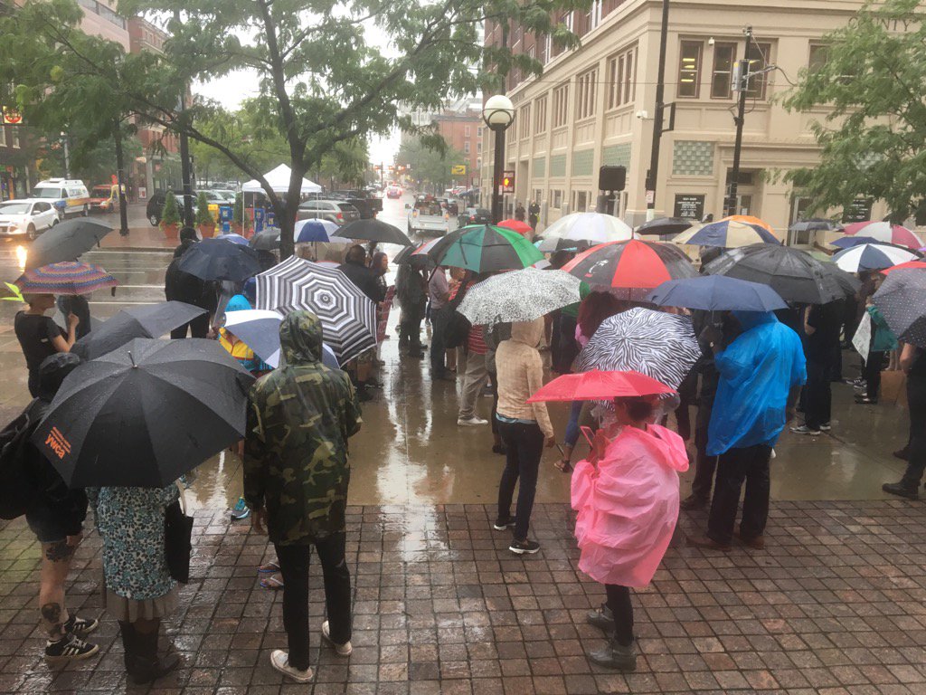 ttjackson's tweet photo. Rain not stopping calls for justice in Cincinnati #SamDubose #retrytensing https://t.co/vZyeCPZ4GA