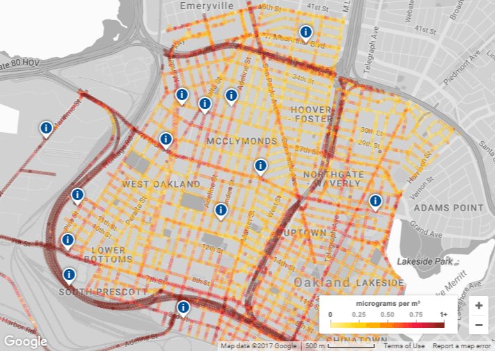 fcbikeshare's tweet photo. Google's Street View cars just unveiled it's first map tracking pollution levels in Oakland, CA. Check it: https://t.co/xrWntms4Aj https://t.co/O8ooaMEVmy