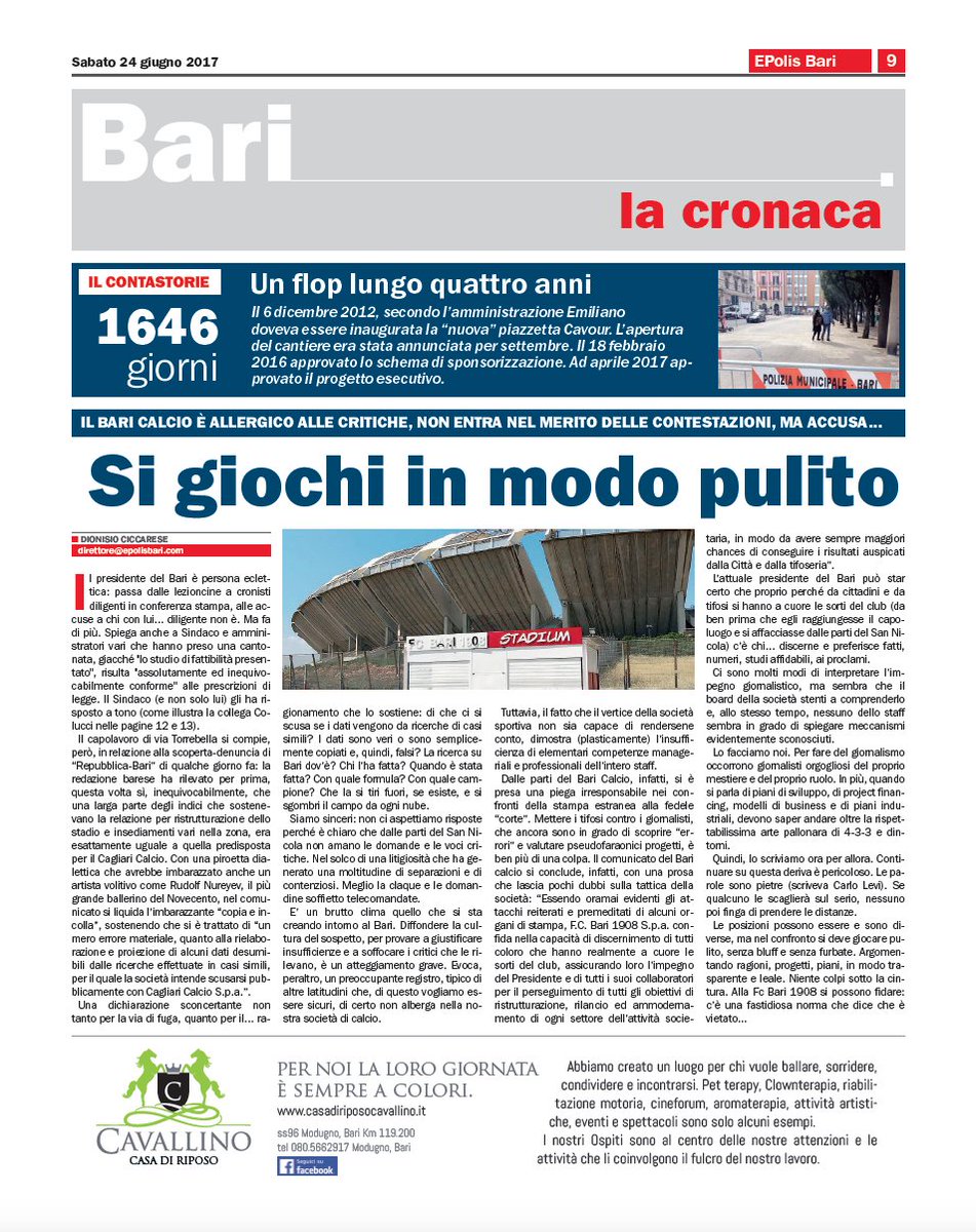 EPolisBari's tweet photo. La copertina di cronaca di #EPolis #Bari del 24 giugno. #fcbari1908 #giancaspro #stadio #sannicola #decaro #comunebari https://t.co/DL2vHAlBfc