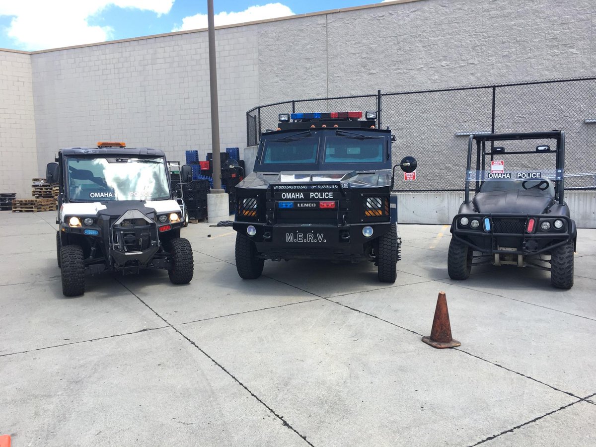 OmahaPolice's tweet photo. The vehicles the SWAT team is using to help protect this year's #CWS. Insert jokes here.  #OPD ^OPDLtLeavitt https://t.co/s7znd4ZQC1