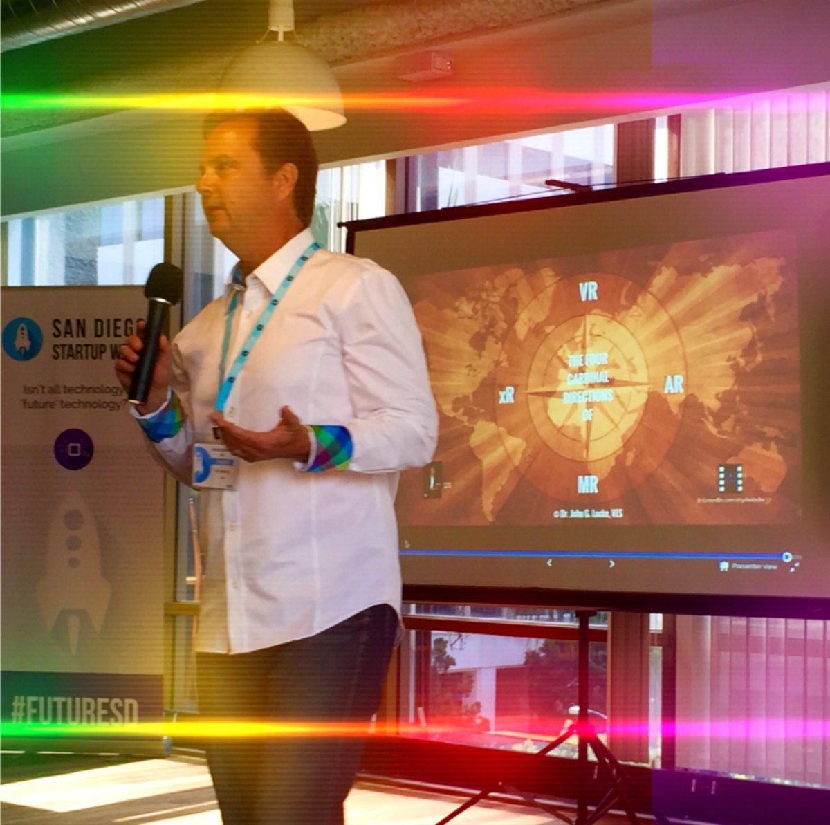 evergreenest's tweet photo. #SDSW #FutureSD Keynote speaker @GAIAaccelerator breaks down what #AR #VR #MR & #xR have in common: #Reality. @SDStartupWeek https://t.co/Br7fmmThr6
