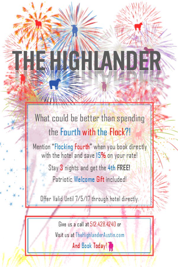 HighlanderATX's tweet image. This Fourth of July Should be about Red, White and EWE! #Highlanderatx #Hotelpromo #Pinksheep #FlockingFourth #Austin