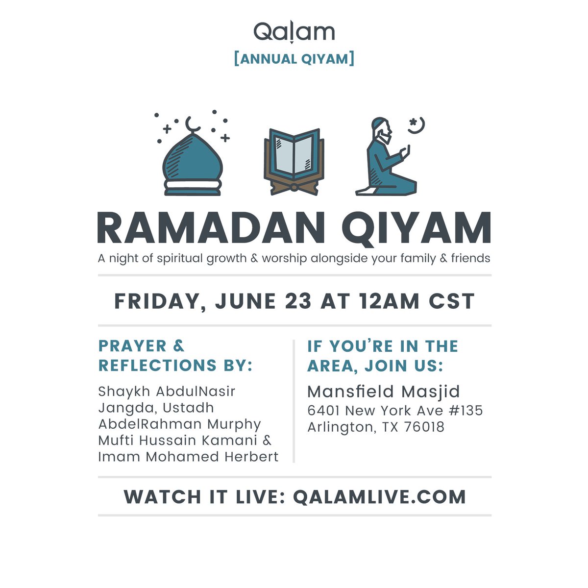 AbdulNasirJ's tweet image. If you’re in DFW, come join us! 
If you’re not, remember to tune in to QalamLive.com tonight InshaAllah!
