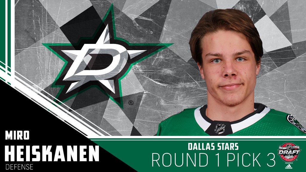NHL's tweet photo. Miro Heiskanen is headed to the @DallasStars at No. 3. #NHLDraft https://t.co/Iz9sNwg3o2