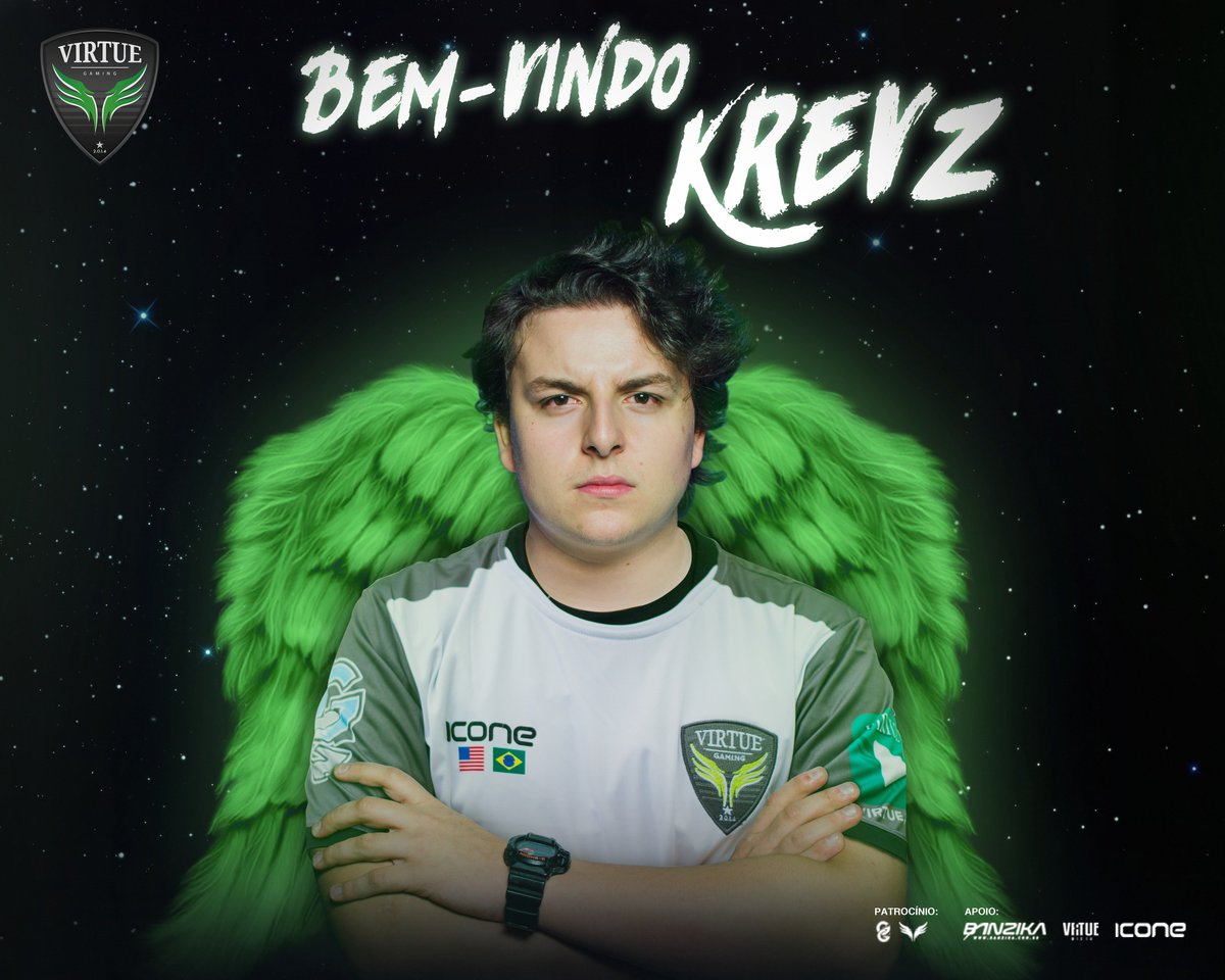 VirtueClube's tweet photo. O Brazilian Demon ganhou asas! É com prazer que anunciamos nosso novo jogador: Bem-vindo à família @VrT_Krevz. #Greenwings #GoVirtue https://t.co/vlDtWodItW