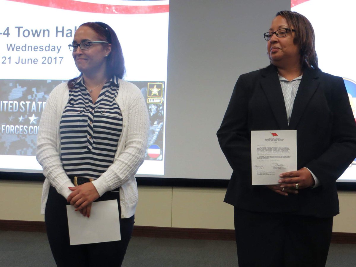 900thCBN's tweet photo. Ms. Gail Williams and Ms. Benvinda Oliveira being recognized by the @FORSCOM G4 For their hard work and dedication! https://t.co/1Mi0KvN8Mp