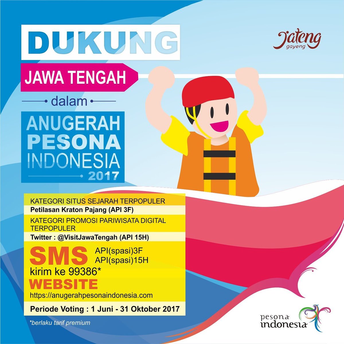 VisitJawaTengah's tweet photo. Yuuk, dukung twitter @visitjawatengah dalam ajang Anugerah Pesona Indonesia 2017.  

#MudikPenuhPesona #VisitJateng #JatengGayeng https://t.co/jSNCByE2gc