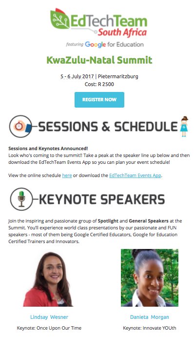 edtechteam's tweet photo. Don't miss the KwaZulu-Natal Summit featuring Google for Edu!  https://t.co/Ug0f68Ogmc #edtechteam @markwagner @jayatwood @YouthInnovator https://t.co/5XQZqk8Vzu