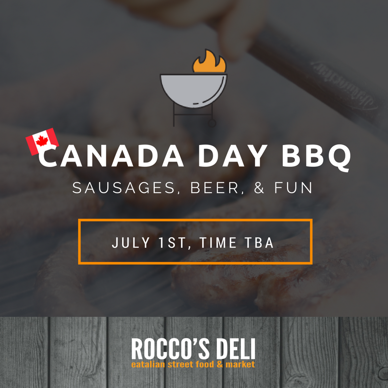 RoccosEatalian's tweet photo. We've got something cooking ;) Come join us next Saturday July 1st for our Canada Day BBQ - we'll have sausages, beer, &amp; more! #canada150 https://t.co/qm7N8RN34t