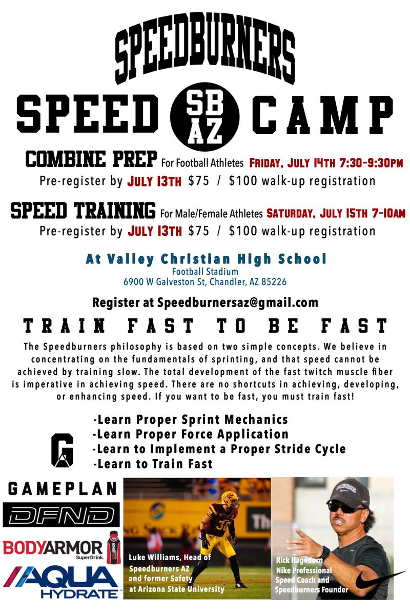 GamePlan_AZ's tweet photo. Reminder @SpeedburnersAZ speed camp and combine prep put on by @Nike speed coach @RickHagedorn is rescheduled to July 14th-15th at @vchsaz https://t.co/Isyr6aInKX