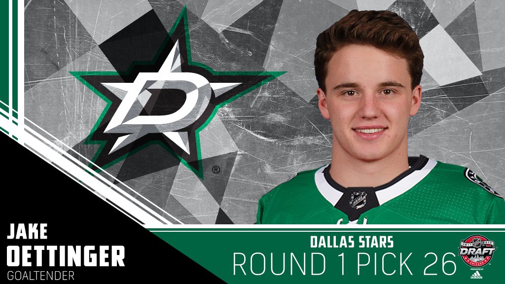NHL's tweet photo. The @DallasStars trade up to make @jake_oettinger the first goaltender selected in the 2017 #NHLDraft. https://t.co/nFIs9BqQfA