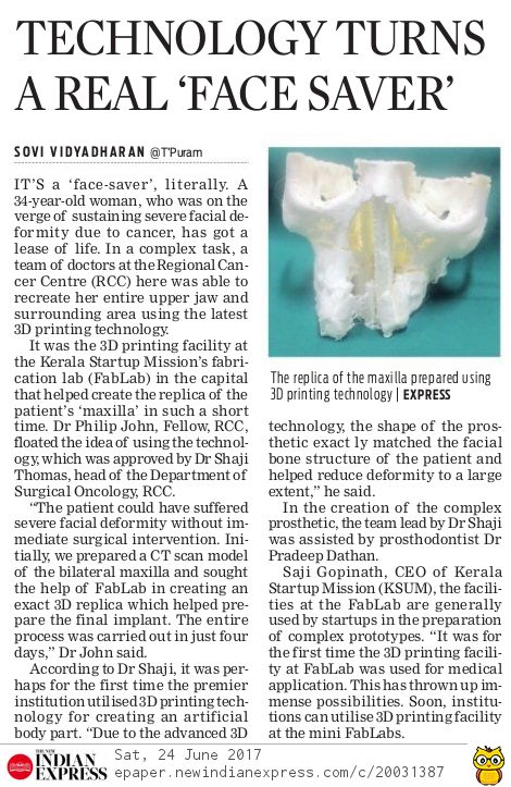 A patient at Regional Cancer Centre, #Trivandrum got her cancer affected upper jaw replaced with a 3D printed one <a href="/startup_mission/">Kerala Startup Mission</a>'s <a href="/fablab/">Fab Lab Network</a>