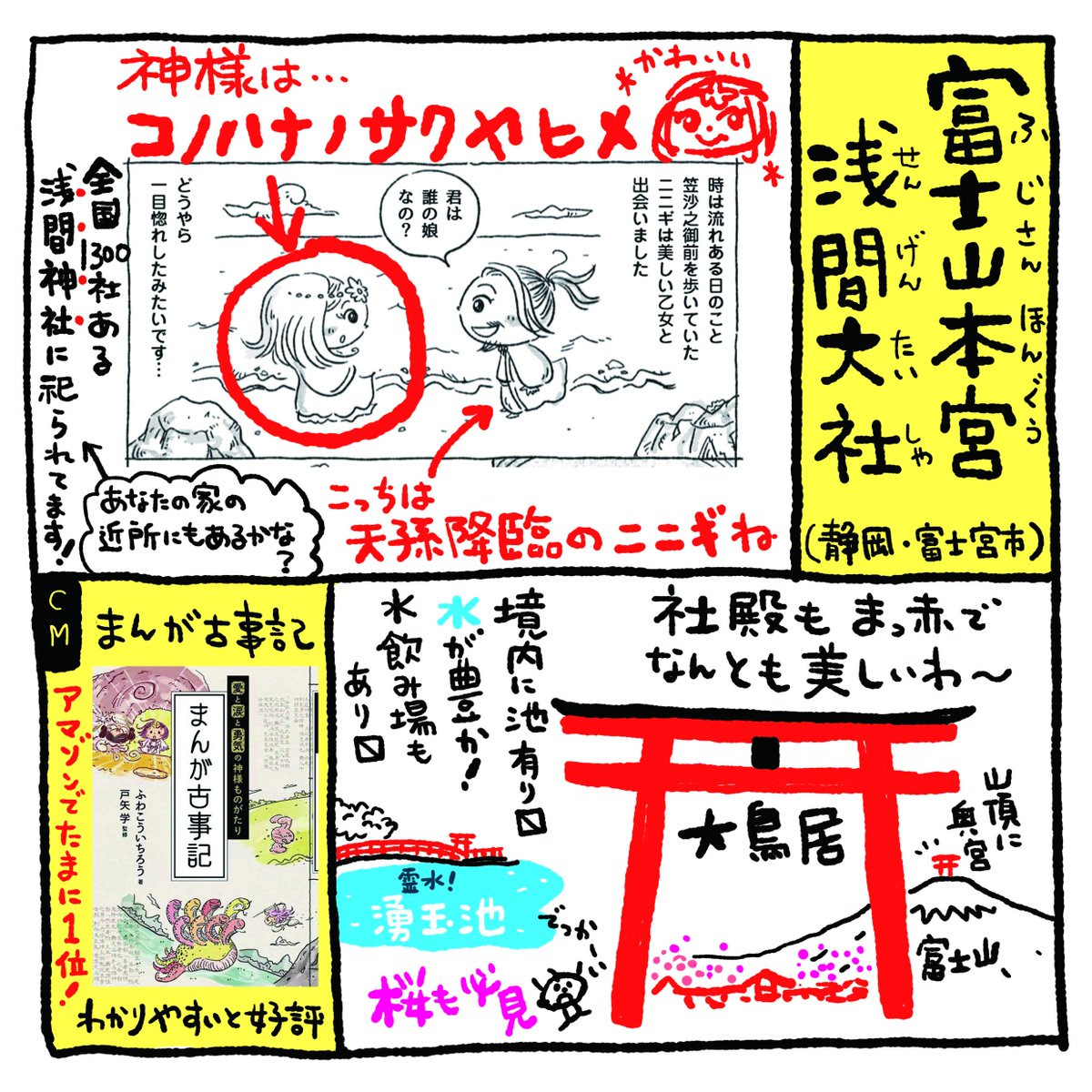 ふわ こういちろう まんが古事記 古事記 神話 神社 富士山 富士山本宮浅間大社 大鳥居 コノハナノサクヤヒメ 湧玉池 浅間大社 浅間神社 ニニギ ニニギノミコト 静岡 富士宮