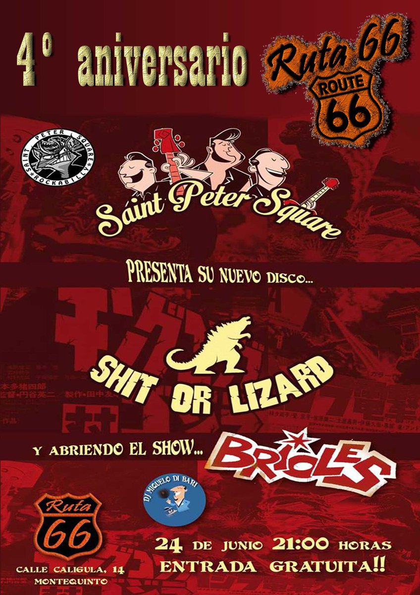 Route66Sevilla's tweet photo. Hoy es 4° Aniversario de Ruta 66. Brioles desde Barcelona y St. Peter Square de Sevilla, traen el mejor Rockabilly que podrás escuchar. https://t.co/rd4F1ONlFq