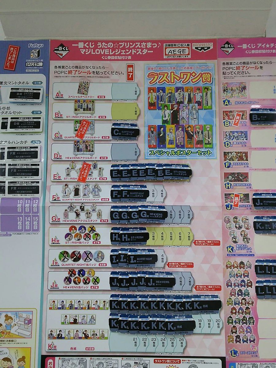 くまざわ書店浅草店 Sur Twitter 一番くじうたの プリンスさまっ １箱目の残り枚数は25枚 残景品 A賞 B賞 D賞 F賞残2 G賞残3 K賞残9 H賞st Rish缶バッジ 音也 真斗 トキヤ レン セシル I賞quartet Night缶バッジ カミュ J賞he Vens缶バッジ ナギ ヴァン