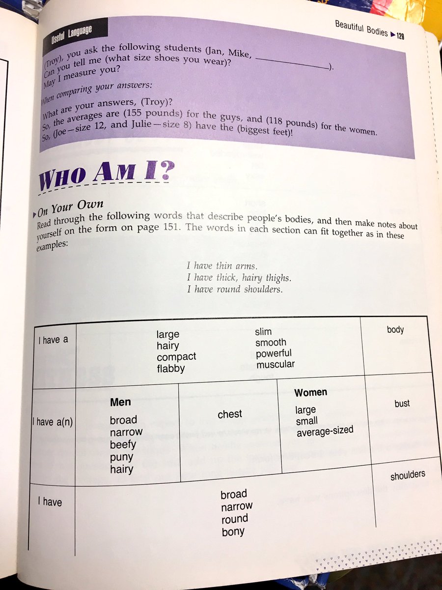 nathanghall's tweet photo. More #ELT coursebook fun. "Who am I?"
Leading up to this, Ss were asked to measure each other. No, really. Like with a measuring tape. https://t.co/LntrYbUTCF