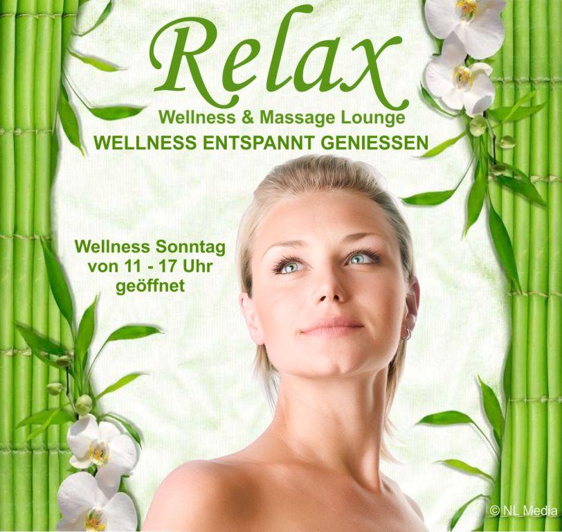 Wellness Sonntag
Relax Wellness &amp; Massage Lounge Koblenz
von 11:00-17:00 Uhr
Tel.: 0261-98860979
Mobil: 0162-4099964
relax-wellness-lounge.de
