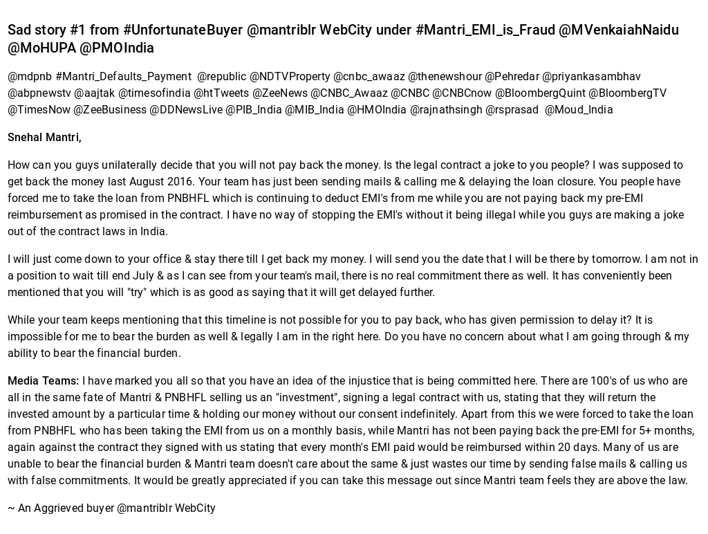BoleToKhalsa's tweet photo. Sad story #1 from #UnfortunateBuyer @mantriblr WebCity under #Mantri_EMI_is_Fraud @MVenkaiahNaidu @MoHUPA.. https://t.co/t2xuzyq2tG