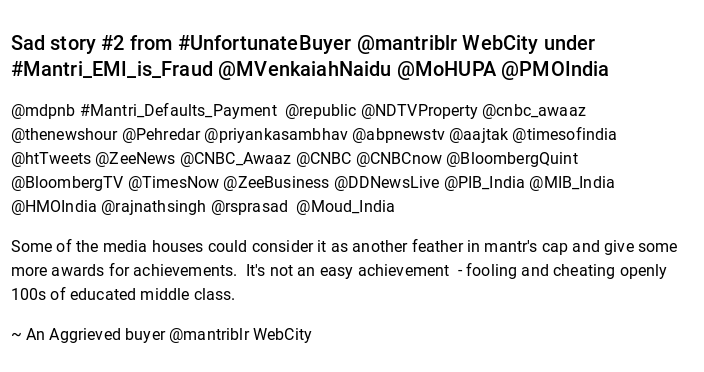BoleToKhalsa's tweet photo. Sad story #2 from #UnfortunateBuyer @mantriblr WebCity under #Mantri_EMI_is_Fraud @MVenkaiahNaidu @MoHUPA.. https://t.co/nANTAQqiKv