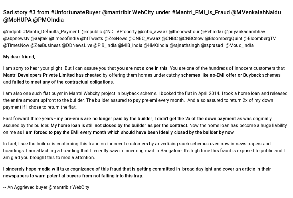 BoleToKhalsa's tweet photo. Sad story #3 from #UnfortunateBuyer @mantriblr WebCity under #Mantri_EMI_is_Fraud @MVenkaiahNaidu @MoHUPA.. https://t.co/CkNheOaWxV