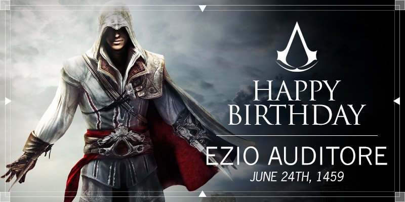 assassinscreed's tweet photo. Happy birthday to a legendary Mentor and one of our favorite Assassins, Ezio Auditore da Firenze! 🎉 https://t.co/snqsQrC9cr