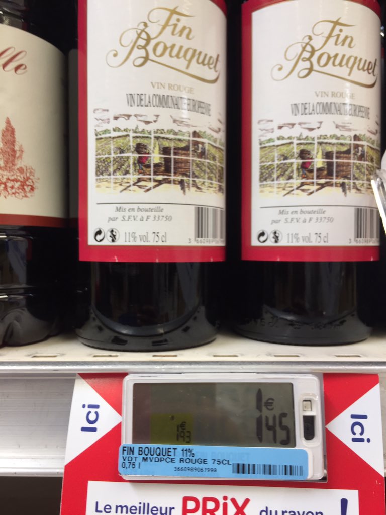 jay_been's tweet photo. A bottle of wine for €1.45? That could probably clean the floors at the Vauxhall Tavern! #Fauquet! https://t.co/oJYrxremGg