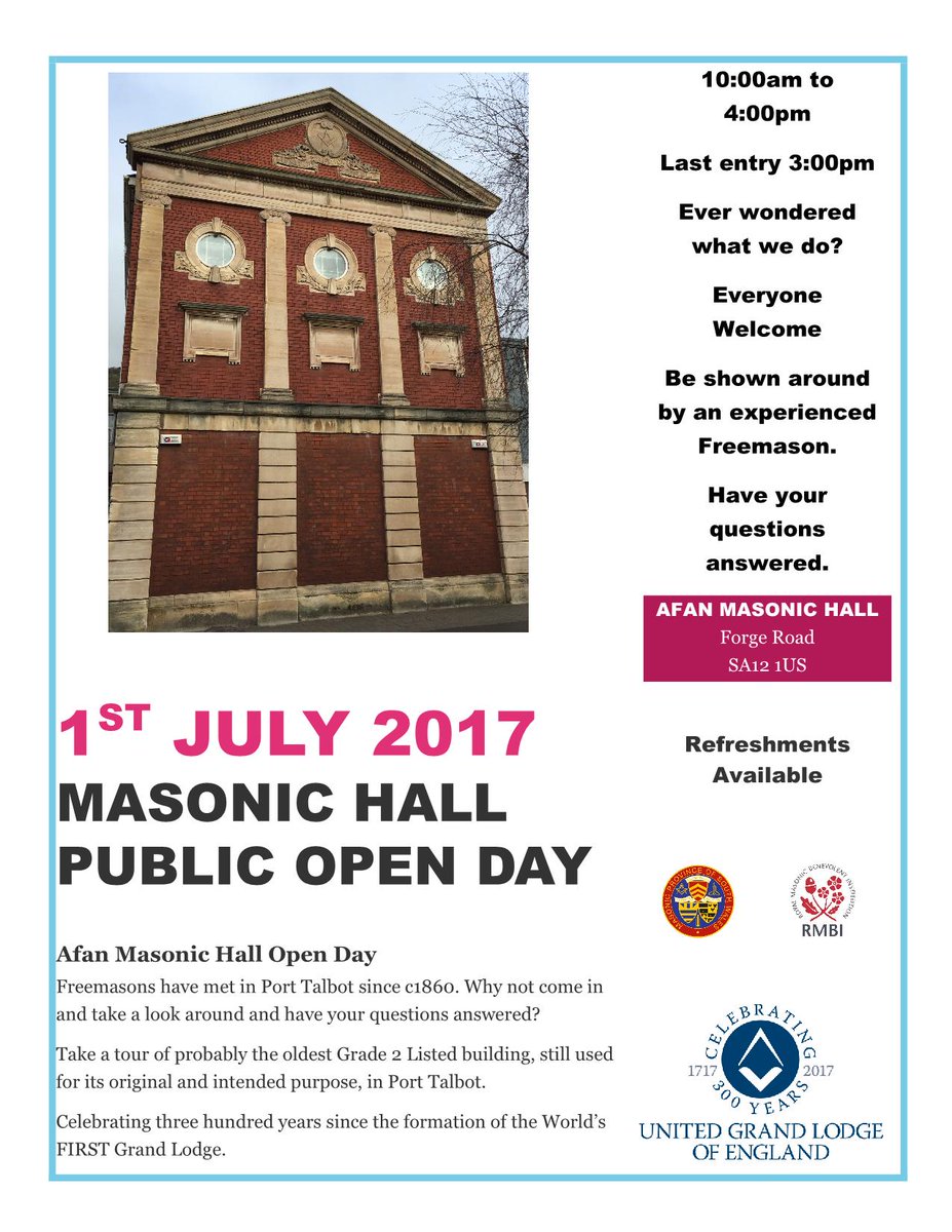 AfanLodge833's tweet photo. Please pass on our invite to you, friends and members of the public, to join us to see what PT Freemasons have to offer after 300 years. https://t.co/ADfup2idfz