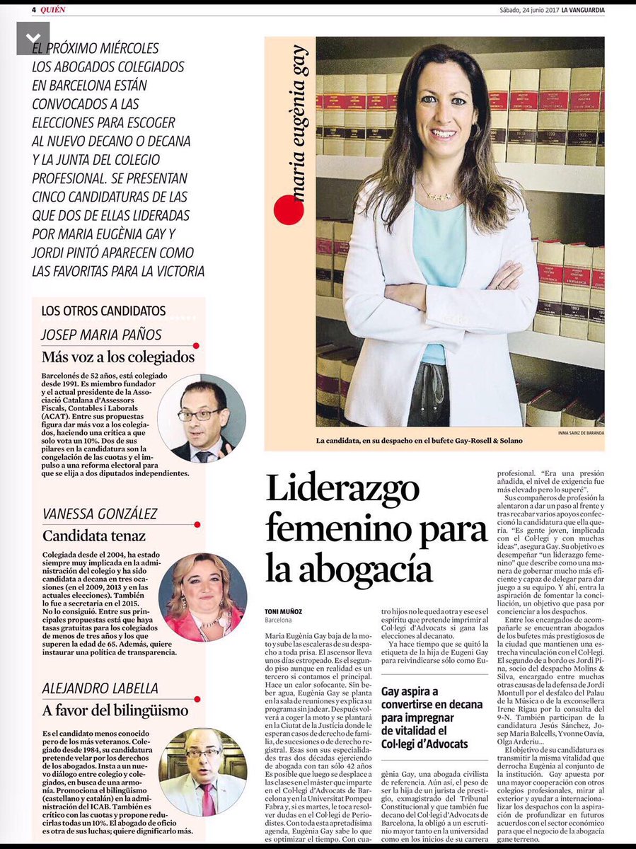albertortas's tweet photo. Nou lideratge a l'ICAB. Dona, jove i amb noves propostes. Candidata @MariaEugeniaGay #EleccionsICAB28Juny via @LaVanguardia https://t.co/2dDzEnPcZI