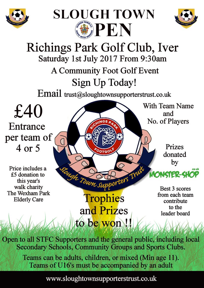 SloughTownST's tweet photo. 1 week to the Slough Town Open!
8 teams registered, please help us to give our charity event a big push with a RT. 
Get your team signed up! https://t.co/slAnB5CR2r