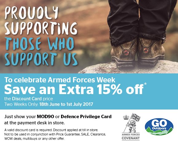 GOoutdoors's tweet photo. As a signee of the Armed Forces Covenant, we're proud to support #ArmedForcesDay with our extra discount available to all forces personnel https://t.co/9AmxDQZXHM