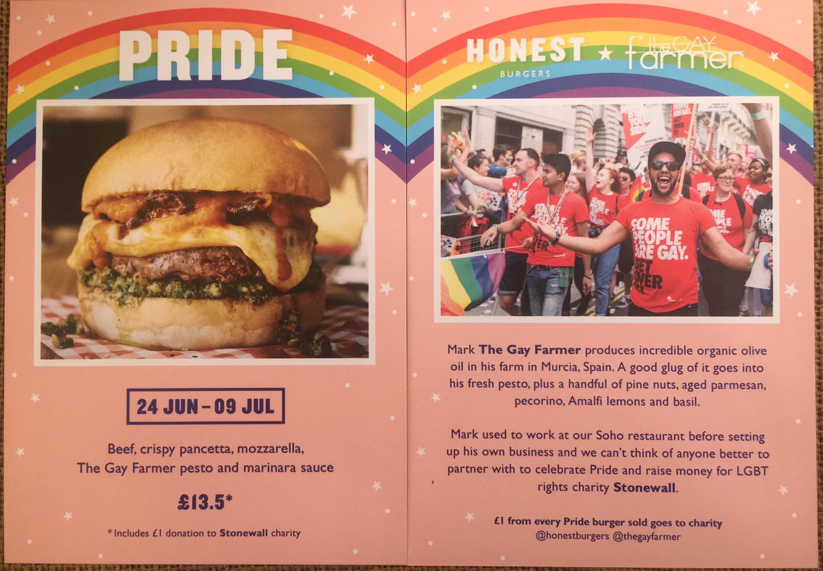 Delighted to announce the Pride Burger 🍔 A collaboration between me <a href="/TheGayFarmer/">The Gay Farmer</a> &amp; <a href="/honestburgers/">Honest Burgers</a> Soho &amp; Oxford Circus £1 to <a href="/stonewalluk/">Stonewall</a> 😍
